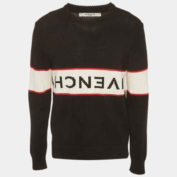 مملوكة مسبقًا سترة جيفنشي قطنية سوداء برقبة مستديرة وشعار محبوك مقاس كبير