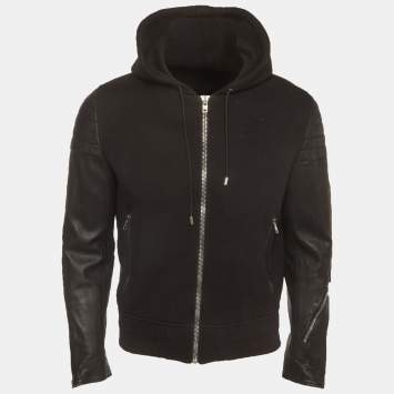 Pre Owned Givenchy Black Neoprene and Leather Hooded Bomber Jacket M