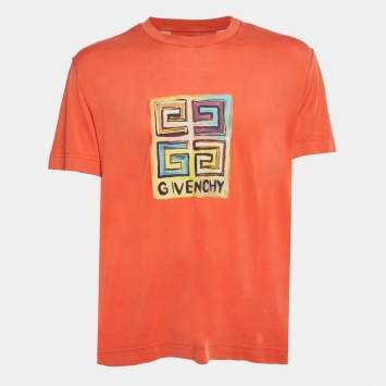 Pre Owned Givenchy Orange Logo Graphic Jersey Slim Fit T-Shirt L