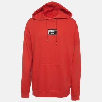 Pre Owned Givenchy Red Logo Patch Distressed Cotton Knit Hoodie XXL