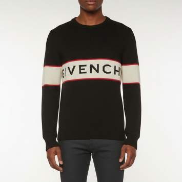 Pre Owned Givenchy Black Striped Logo Intarsia Wool Knit Sweater M