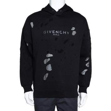 Pre Owned Givenchy Black Cotton Knit Distressed Logo Regular Fit Hoodie M