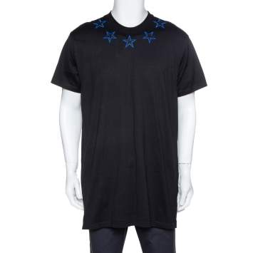 Pre Owned Givenchy Black & Blue Cotton Star Embroidered Crew Neck T Shirt S