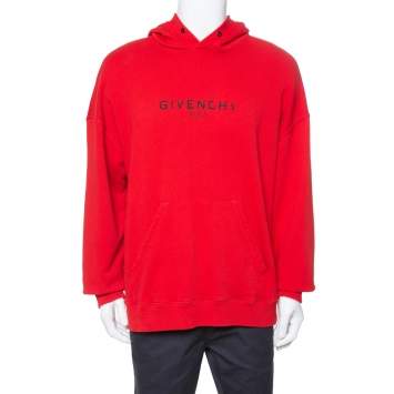 Pre Owned Givenchy Red Distressed Logo Print Cotton Hoodie XXL