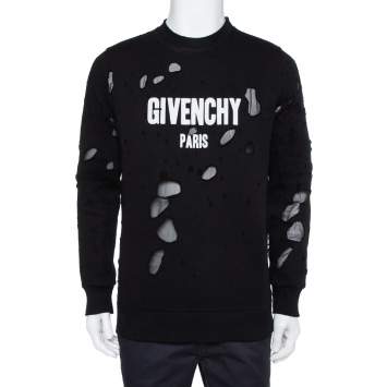 Pre Owned Givenchy Black Knit Logo Printed Distressed Sweatshirt S