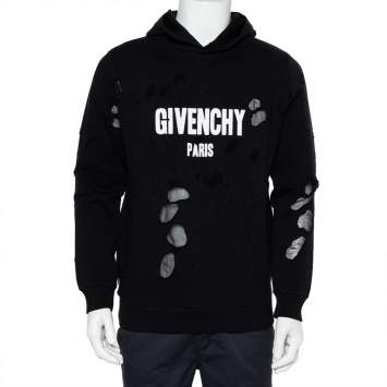 Pre Owned Givenchy Black Cotton Logo Printed Distressed Hoodie S