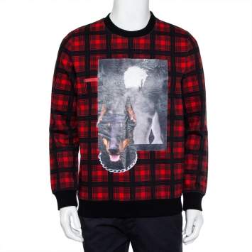 Pre Owned Givenchy Red & Black Cotton Tartan Doberman Printed Crewneck Sweatshirt S