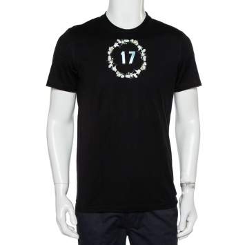 Pre Owned Givenchy Black Floral Printed Cotton Metal 17 Detail Crewneck T-Shirt M