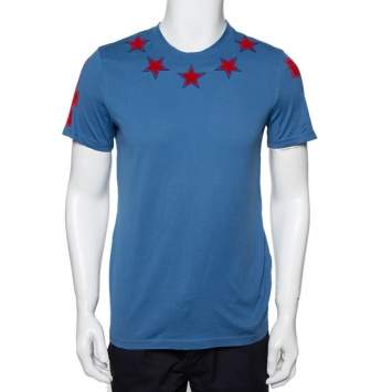 Pre Owned Givenchy Blue Cotton Star Patch Crewneck T-Shirt S