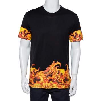 Pre Owned Givenchy Black Flames Printed Cotton Crewneck T-Shirt L
