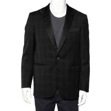 Pre Owned Givenchy Black Checkered Wool Contrast Trim Button Front Blazer L