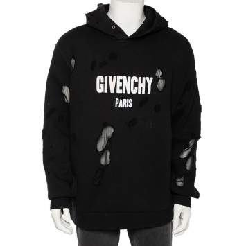 مملوكة مسبقًا Givenchy Black Distressed Cotton & Mesh Inset Logo Printed Hooded Sweatshirt XXL