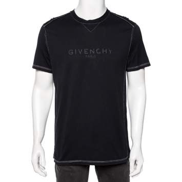 Pre Owned Givenchy Black Logo Printed Side Trim Detail Distressed T-Shirt L
