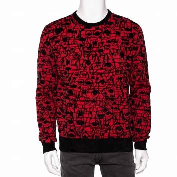 Pre Owned Givenchy Black & Red Geometric Pattern Intarsia Knit Sweater L