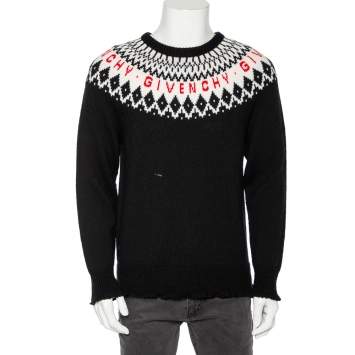 Pre Owned Givenchy Black Fair Isle Logo Knit Wool Frayed Edged Sweater M
