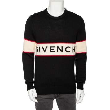 Pre Owned Givenchy Black Intarsia Knit Wool Logoed Long Sleeve Sweater M