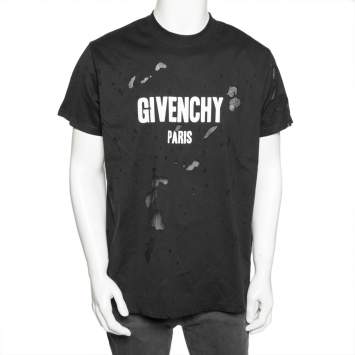 Pre Owned Givenchy Black Distressed Cotton & Mesh Inset Logo Printed T-Shirt XS