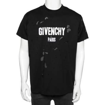 مملوكة مسبقًا Givenchy Black Distressed Cotton & Mesh Inset Logo Printed T-Shirt XS