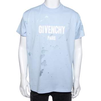 Pre Owned Givenchy Blue Distressed Cotton & Mesh Inset Logo Printed T-Shirt XS