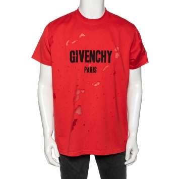 مملوكة مسبقًا Givenchy Red Distressed Cotton & Mesh Inset Short Sleeve T-Shirt XS