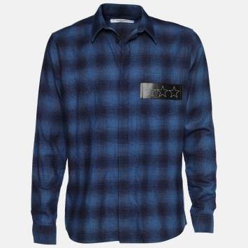 Pre Owned Givenchy Navy Blue Plaid Flannel Stars Patch Long Sleeve Shirt M