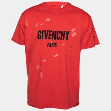 Pre Owned Givenchy Red Distressed Cotton & Mesh Inset Logo Printed T-Shirt M