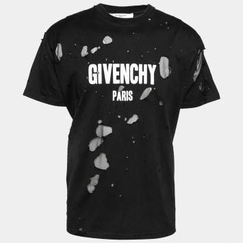 Pre Owned Givenchy Black Distressed Cotton & Mesh Inset Logo Printed T-Shirt M