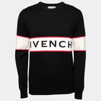 Pre Owned Givenchy Black Logo Intarsia Knit Wool Long Sleeve Sweater M