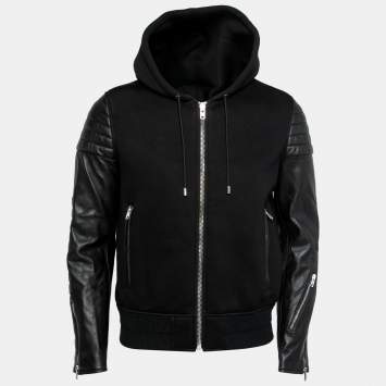 Pre Owned Givenchy Black Neoprene & Leather Hooded Bomber Jacket M