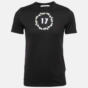 Pre Owned Givenchy Black Floral Printed Cotton Metal 17 Detail Crewneck T-Shirt XS