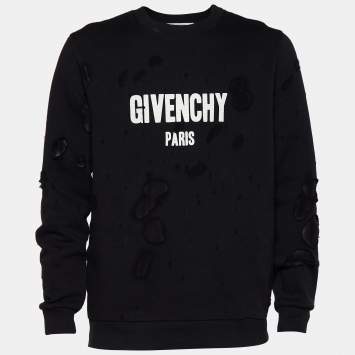 Pre Owned Givenchy Black Logo Print Cotton Distressed Crew Neck Sweatshirt M