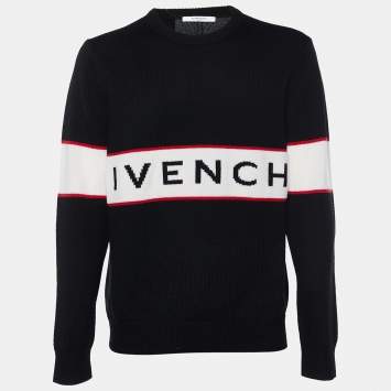 Pre Owned Givenchy Black Logo Intarsia Band Wool Crewneck Sweater XL