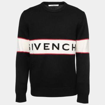 Pre Owned Givenchy Black Logo Band Intarsia Wool Knit Sweater L