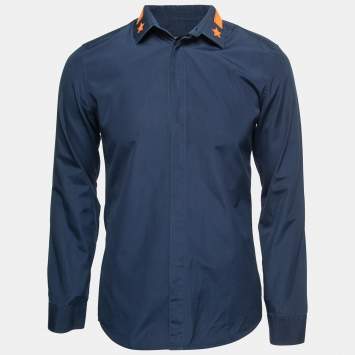Pre Owned Givenchy Navy Blue Cotton Star Embroidered Collar Shirt S