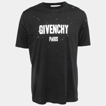 Pre Owned Givenchy Black Distressed Cotton Logo Print Crew Neck Half Sleeve T-shirt M