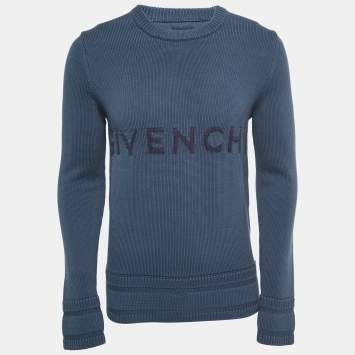Pre Owned Givenchy Blue Logo Patterned Cotton Knit Crew Neck Sweater S