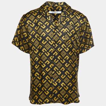Pre Owned Givenchy Black Logo Print Silk Button Front Half Sleeve Shirt L