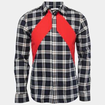 Pre Owned Givenchy Navy Blue Plaid Cotton Contrast Paneled Button Front Full Sleeve Shirt M