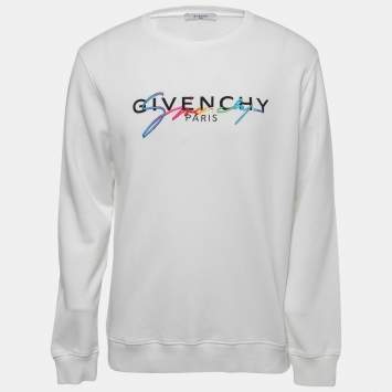 Pre Owned Givenchy White Logo Embroidered Cotton Crew Neck Sweater S