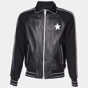 Pre Owned Givenchy Black Leather Star Applique Zip Front Jacket XL