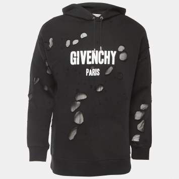Pre Owned Givenchy Black Distressed Logo Print Cotton Hoodie XS