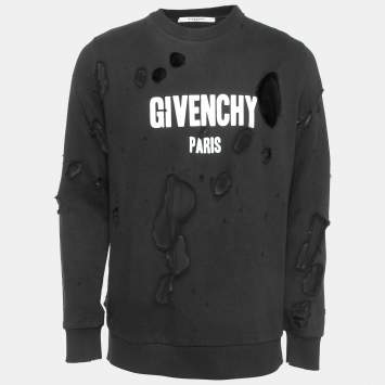 Pre Owned Givenchy Black Logo Print Distressed & Ripped Cotton Crew Neck Sweatshirt M