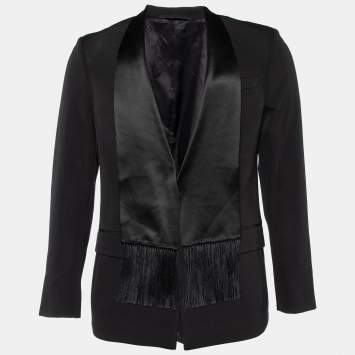 Pre Owned Givenchy Black Wool & Silk Satin Fringed Shawl Collar Blazer M