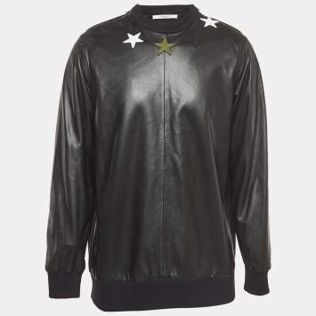 Pre Owned Givenchy Black Lambskin & Neoprene Star Embroidered Sweatshirt M