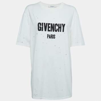 Pre Owned Givenchy White Logo Print Distressed Cotton Half Sleeve T-Shirt L