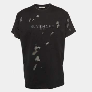 Pre Owned Givenchy Black Logo Print Distressed Cotton Crew Neck T-Shirt S