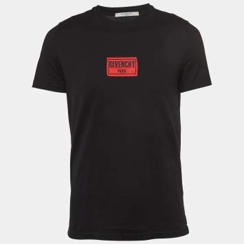 Pre Owned Givenchy Black Logo Applique Distressed Cotton Crew Neck T-Shirt S