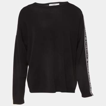 Pre Owned Givenchy Black Logo Tape Trim Wool Knit Crew Neck Sweatshirt L