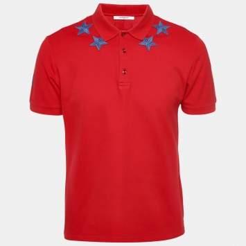 Pre Owned Givenchy Red Star Applique Cotton Pique T-Shirt M