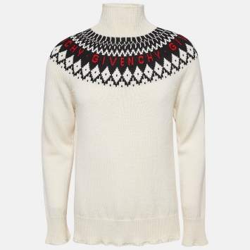 Pre Owned Givenchy Off-White Intarsia Wool Knit Turtle Neck Sweater M